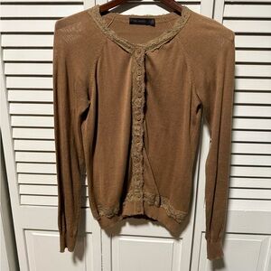 The Limited Tan Cardigan with Lace Trim